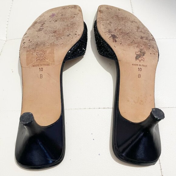Vintage Isaac Mizrahi Black Open-Toe Mules Heels with Glitter Detail | Size 10B - Picture 12 of 14